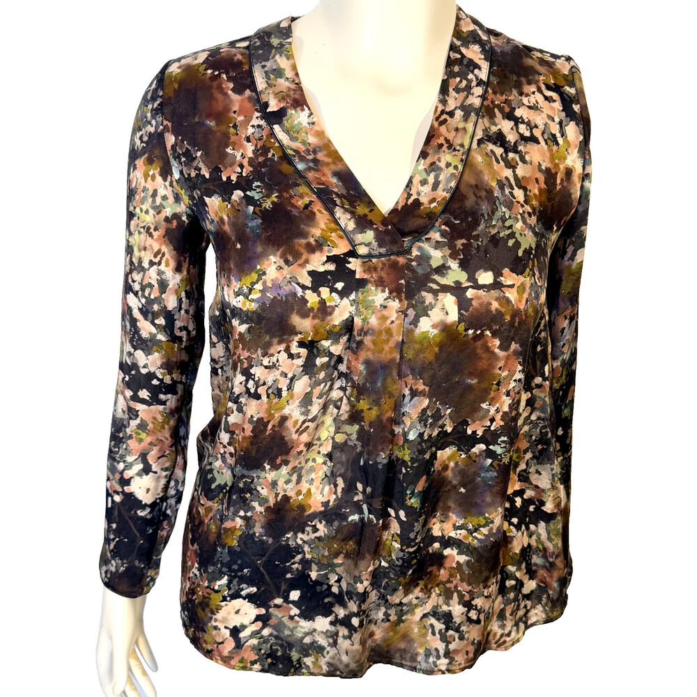 Lafayette 148 New York Tunic Blouse Women's S/P Fall Colors Silk VNeck 3/4 Sleev